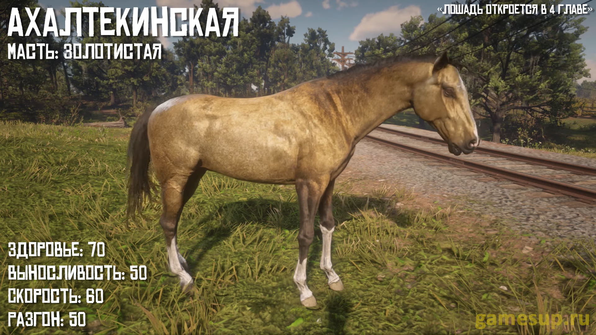 Лошадь Ахалтекинская масть Золотистая в игре RDR 2
